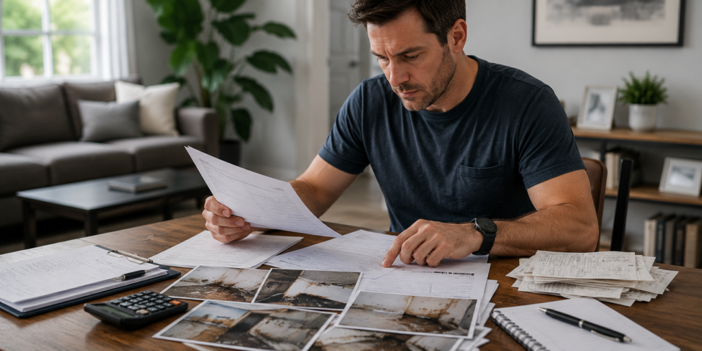 Homeowner reviewing water damage insurance claim documents and receipts