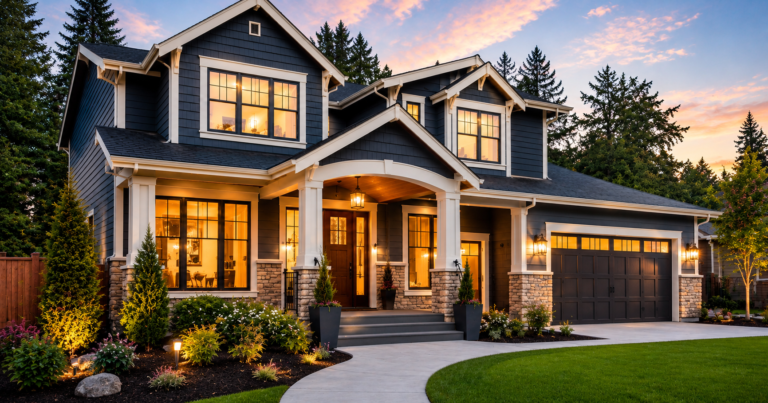 Modern blue craftsman-style home with warm evening lights, clean landscaping, and strong curb appeal after home improvement.