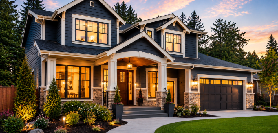 why-home-improvement-is-important-mintpalhouse-featured-image.jpg Modern blue craftsman-style home with warm evening lights, clean landscaping, and strong curb appeal after home improvement.