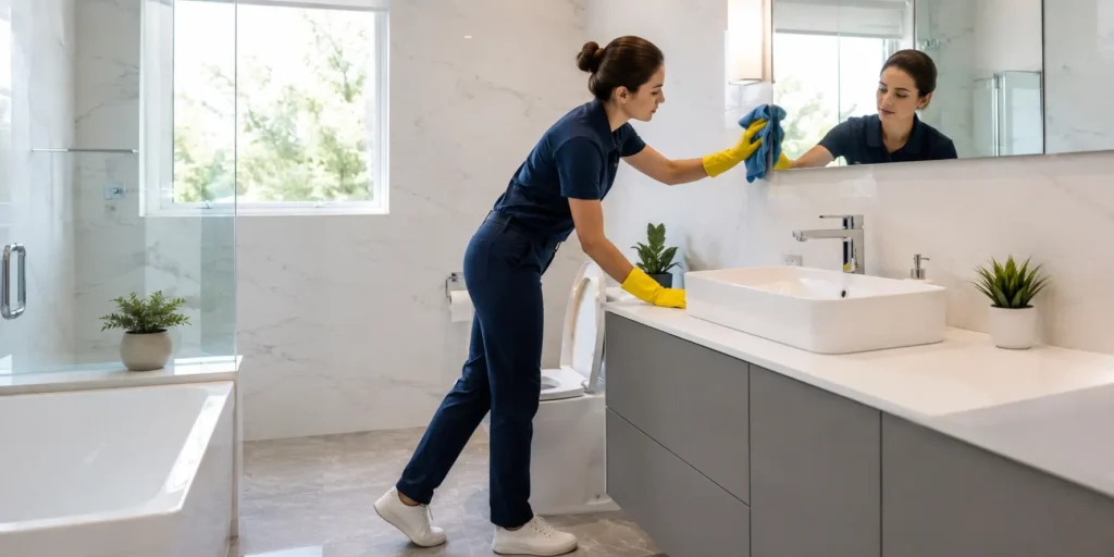 Cleaner sanitizing toilet, sink and mirror in a modern bathroom