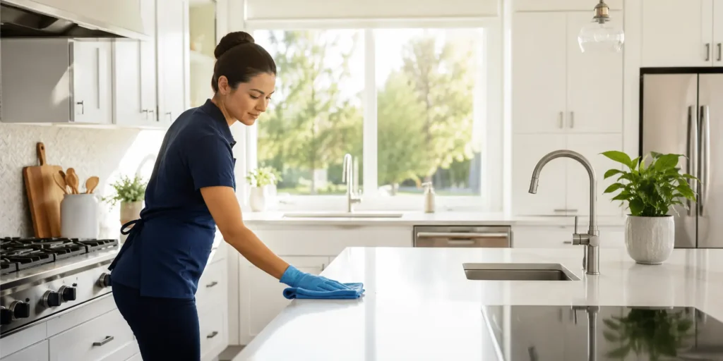 Cleaner wiping kitchen counters, sink and stovetop in a modern bright home
