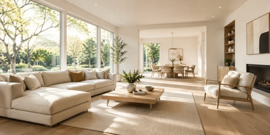 Clean modern living room with sunlight and spotless interior