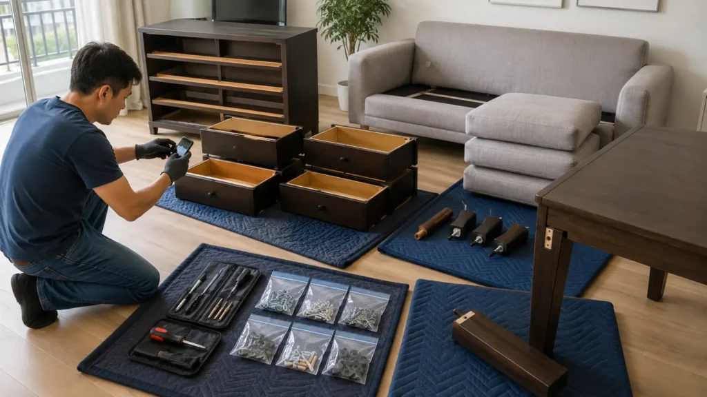 Disassembling furniture and organizing drawers, legs, cushions, and hardware before moving