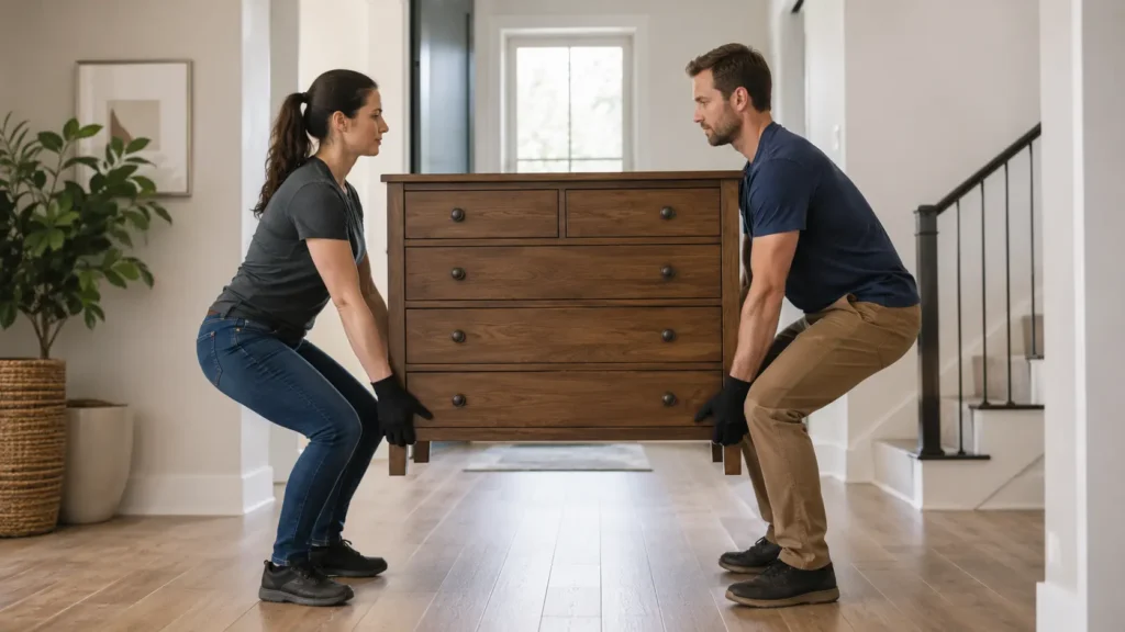 Two people using proper posture to lift heavy furniture safely