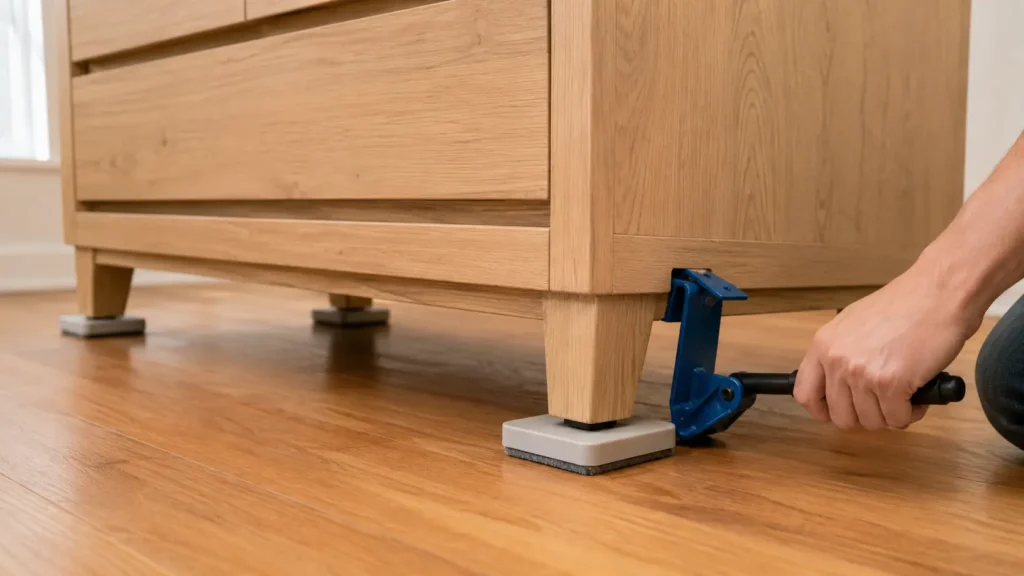 Placing felt furniture sliders safely under the legs of a heavy dresser