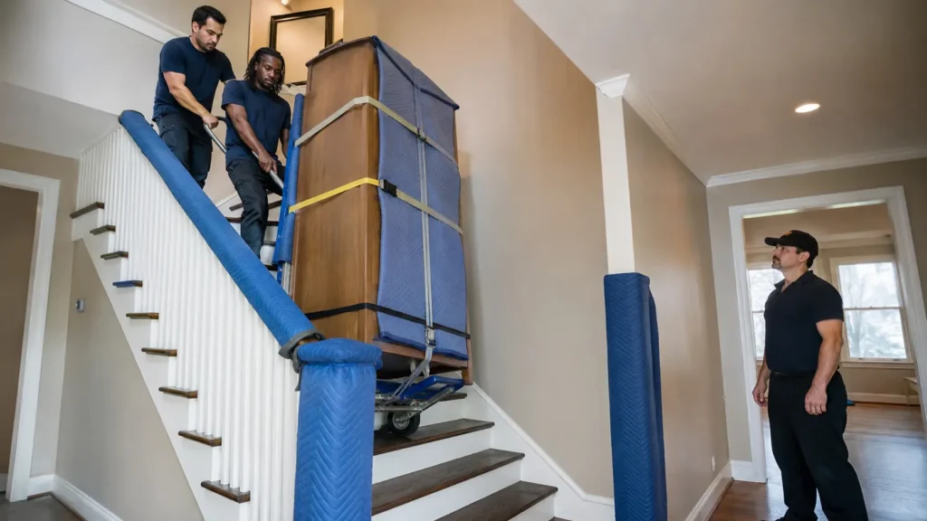 Movers using a strapped appliance dolly while keeping the stair fall path clear