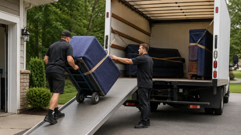 Loading and securing heavy furniture inside a moving truck with a dolly and tie-down straps
