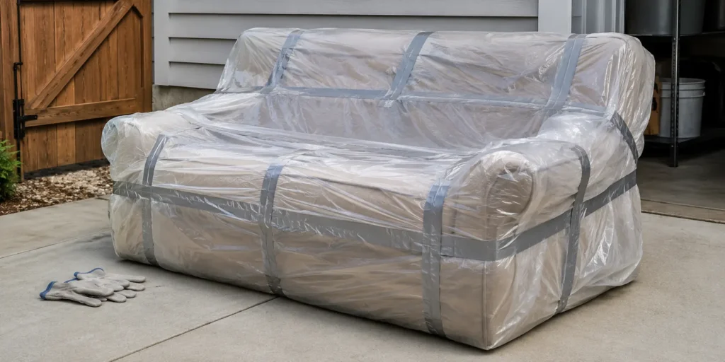 Bedbug-infested sofa sealed in plastic for safe disposal.