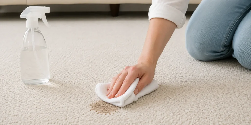 Blotting a carpet stain with homemade carpet cleaner and a white cloth