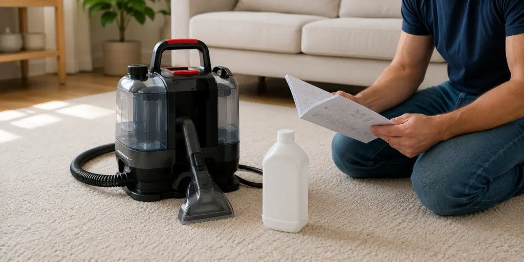 Checking carpet cleaner machine manual before using homemade carpet cleaning solution