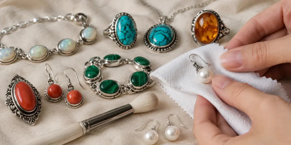 Safely cleaning silver jewelry with pearls opals turquoise and delicate gemstones