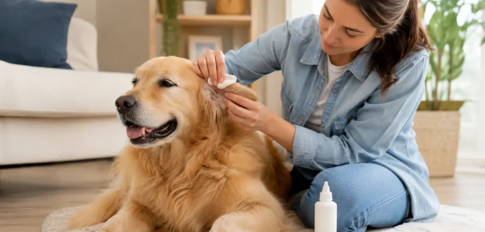 Cleaning dogs ears at home safely with a veterinarian-approved ear cleaner