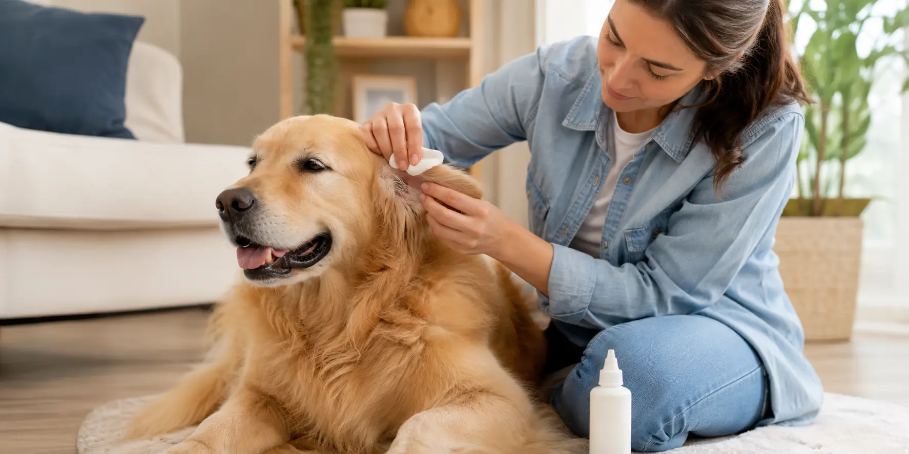 Cleaning dogs ears at home safely with a veterinarian-approved ear cleaner