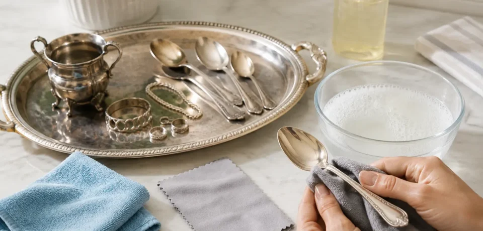 Cleaning silver at home with mild soap, warm water and a soft cloth