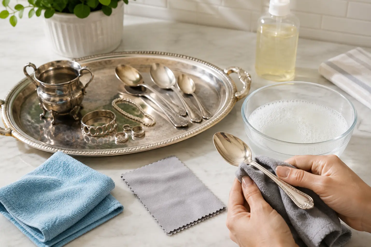 Cleaning silver at home with mild soap, warm water and a soft cloth