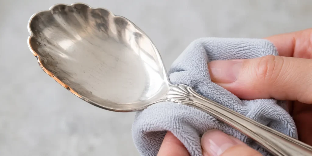 Cleaning a silver-plated spoon gently without damaging the thin silver layer