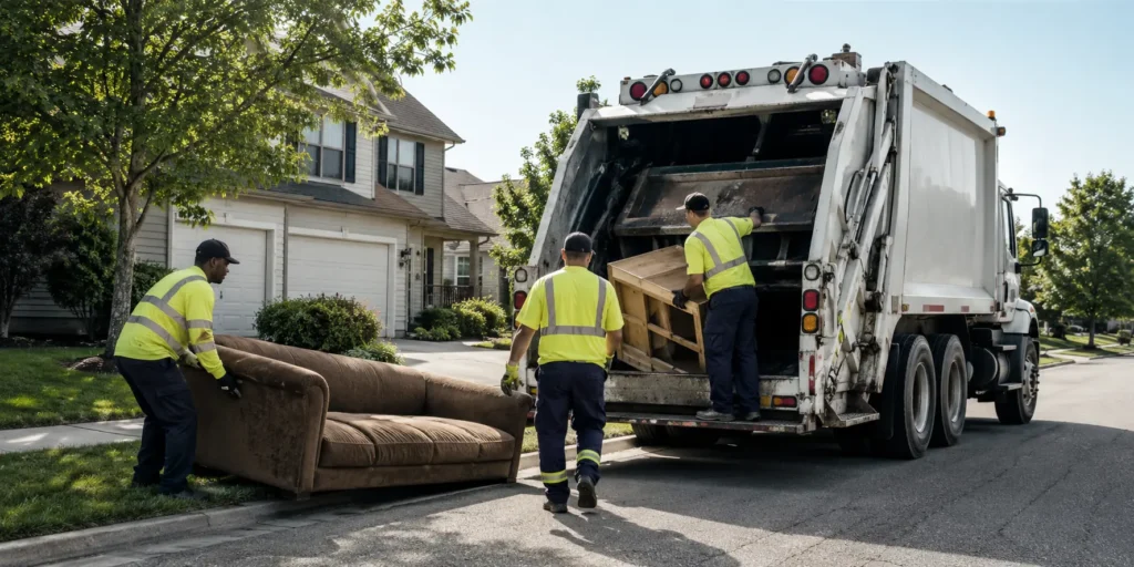 Clean usable sofa being collected for donation or free pickup.