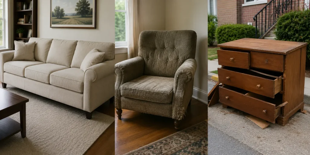 Clean, worn and broken furniture requiring different removal options.