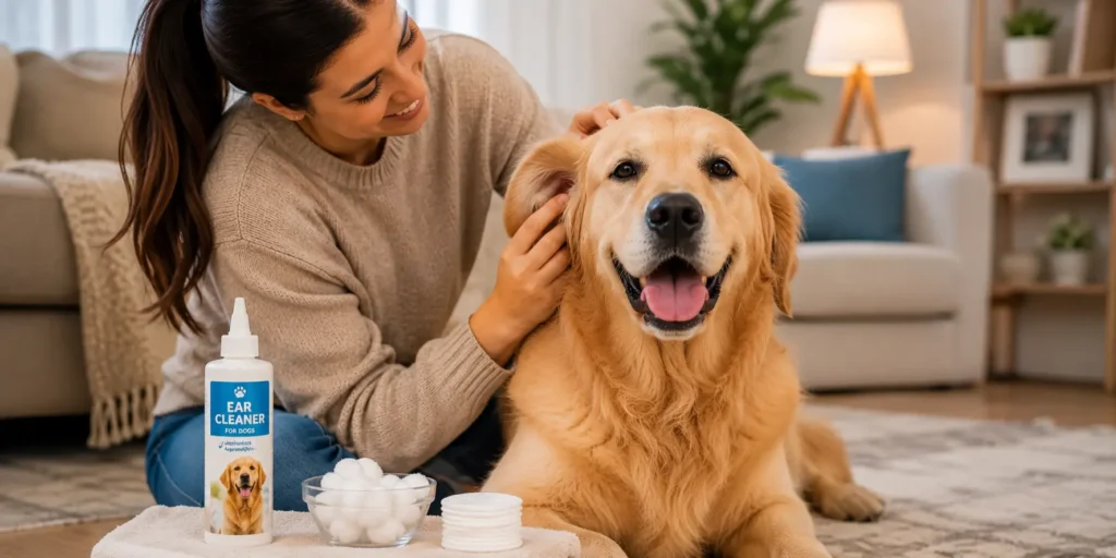 Healthy dog ear care and regular cleaning routine at home
