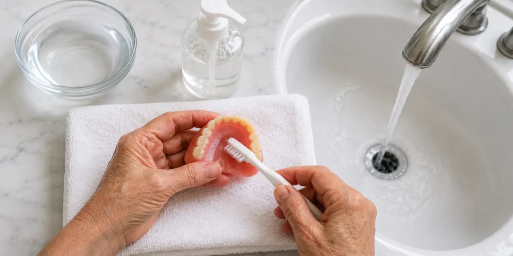 Dentures being gently brushed over a towel-protected sink.