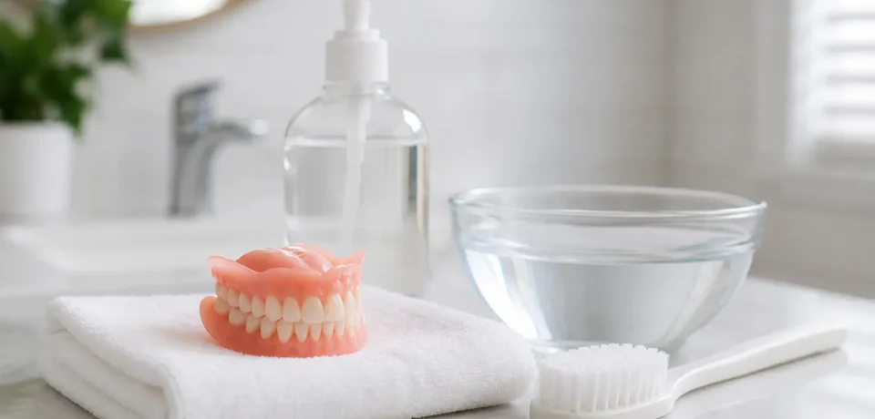 Clean dentures with a soft brush, mild soap and lukewarm water.