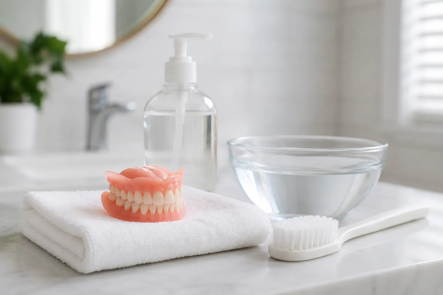 Clean dentures with a soft brush, mild soap and lukewarm water.