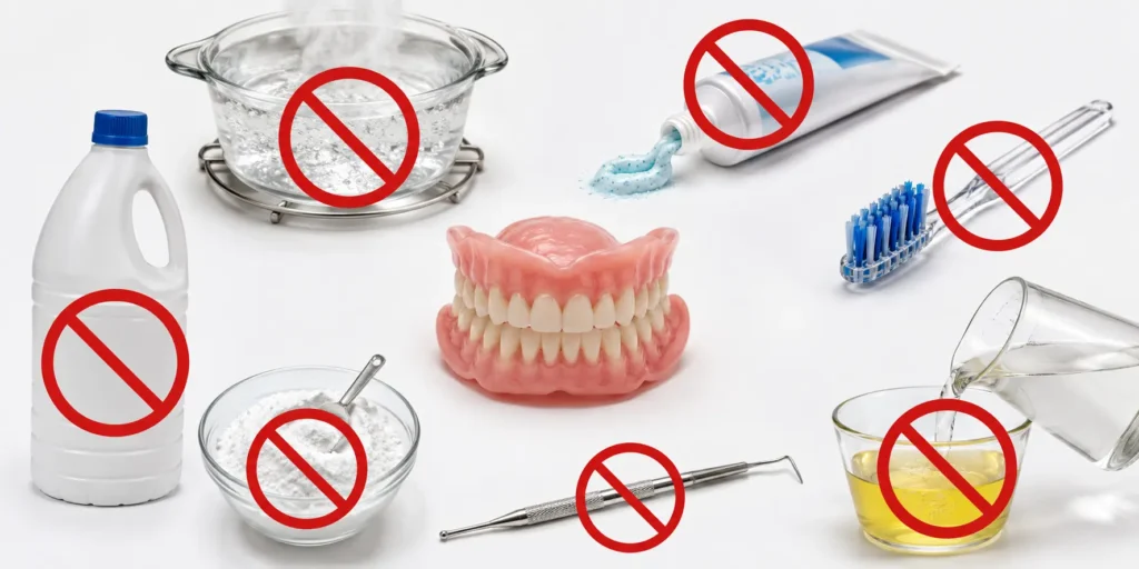 Hot water, bleach, abrasive toothpaste and sharp tools shown as unsafe for dentures.