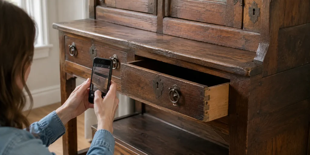 Seller measuring used furniture and checking comparable prices