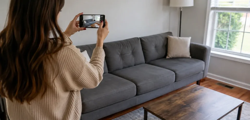 Person photographing a used sofa to sell online