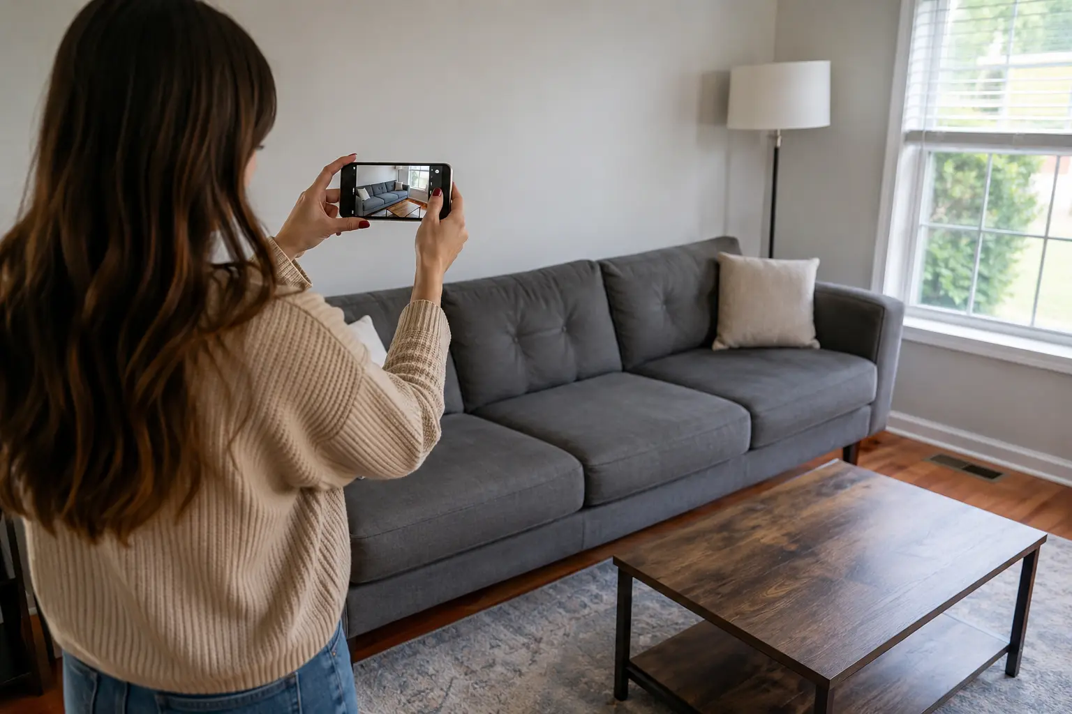 Person photographing a used sofa to sell online