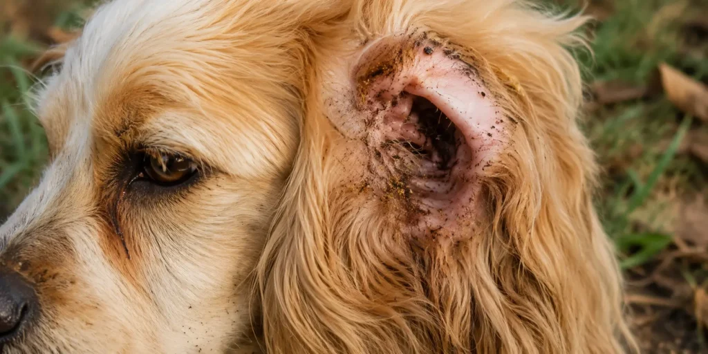Common causes of dirty dog ears including wax, dust, and moisture