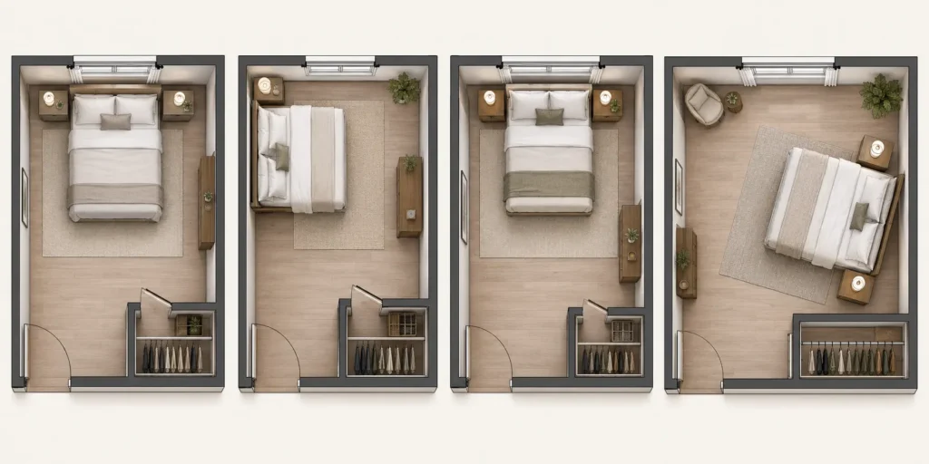 Comparison of centered, corner, window-wall, and floating bed layouts