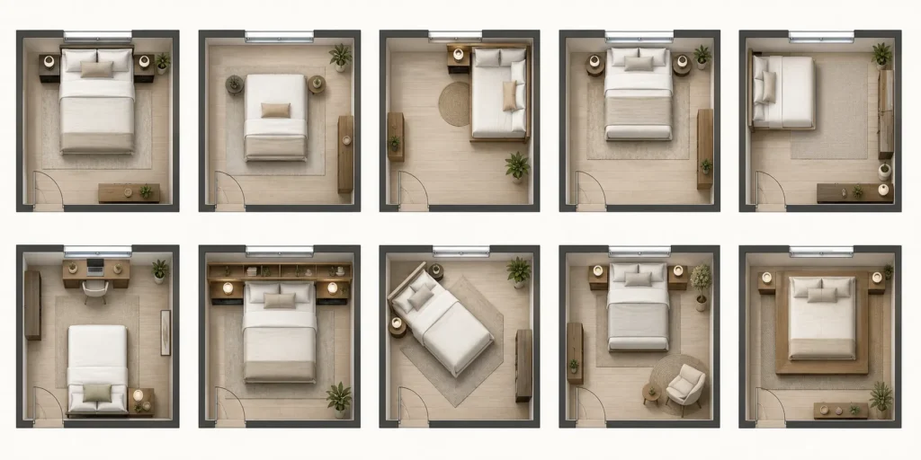 Top-down examples of different bedroom furniture layout options