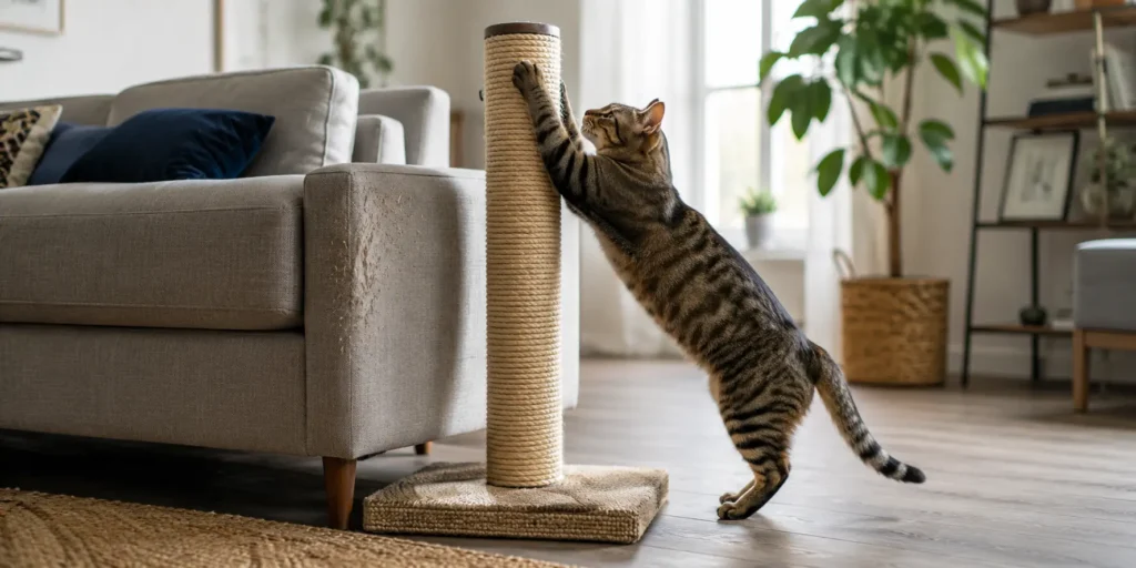 Scratching post placed directly beside the sofa area a cat was scratching