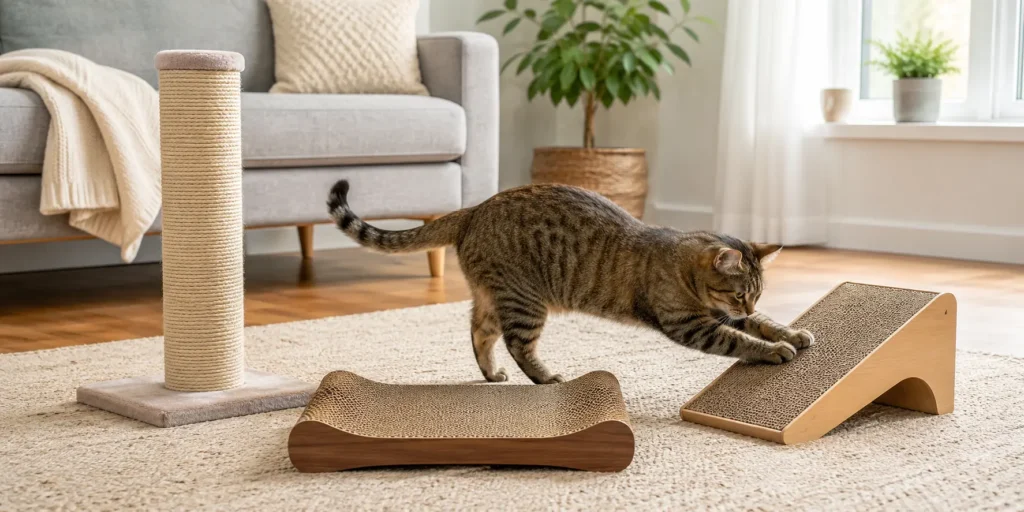 Cat choosing between vertical, horizontal and angled scratching surfaces