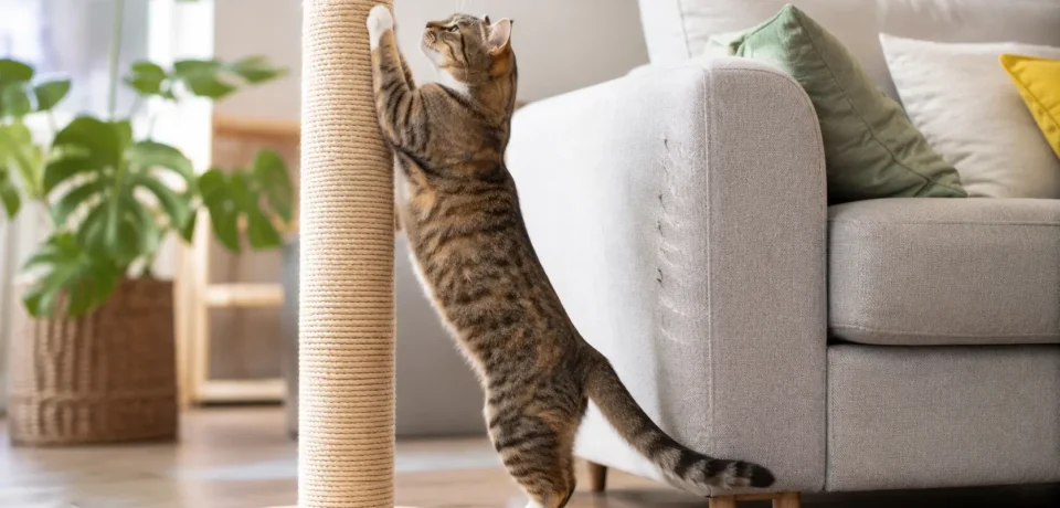 Cat using a scratching post beside a sofa instead of scratching the furniture