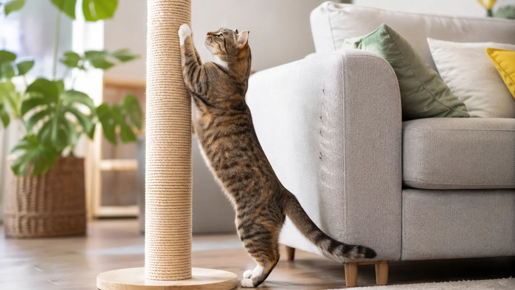 Cat using a scratching post beside a sofa instead of scratching the furniture