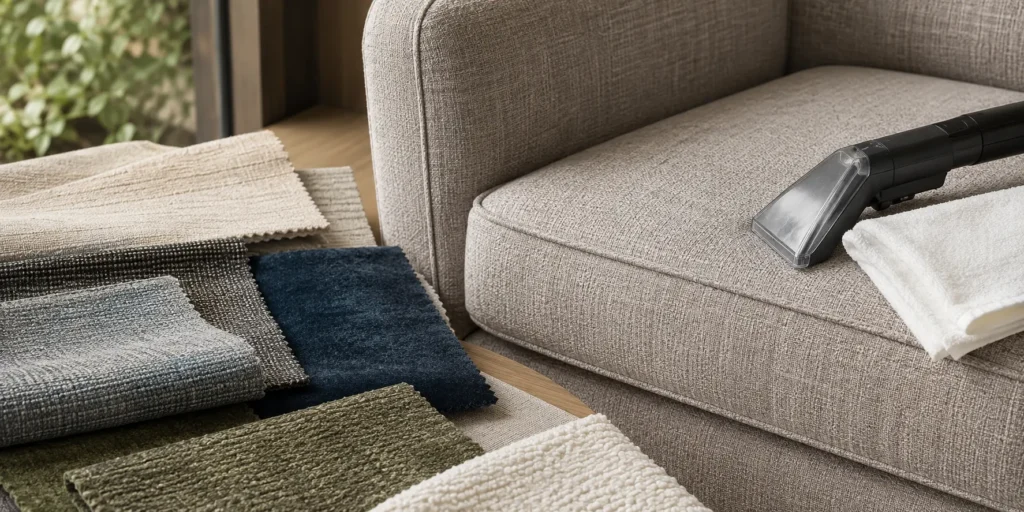 Upholstery fabric samples beside a padded chair with basic furniture cleaning tools