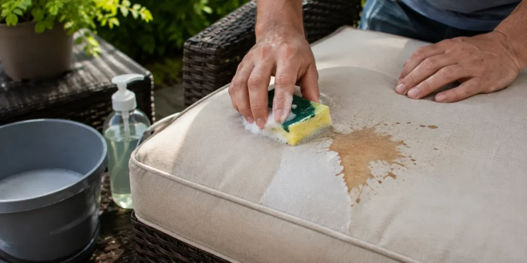 Cleaning stains from outdoor patio cushions using mild soap