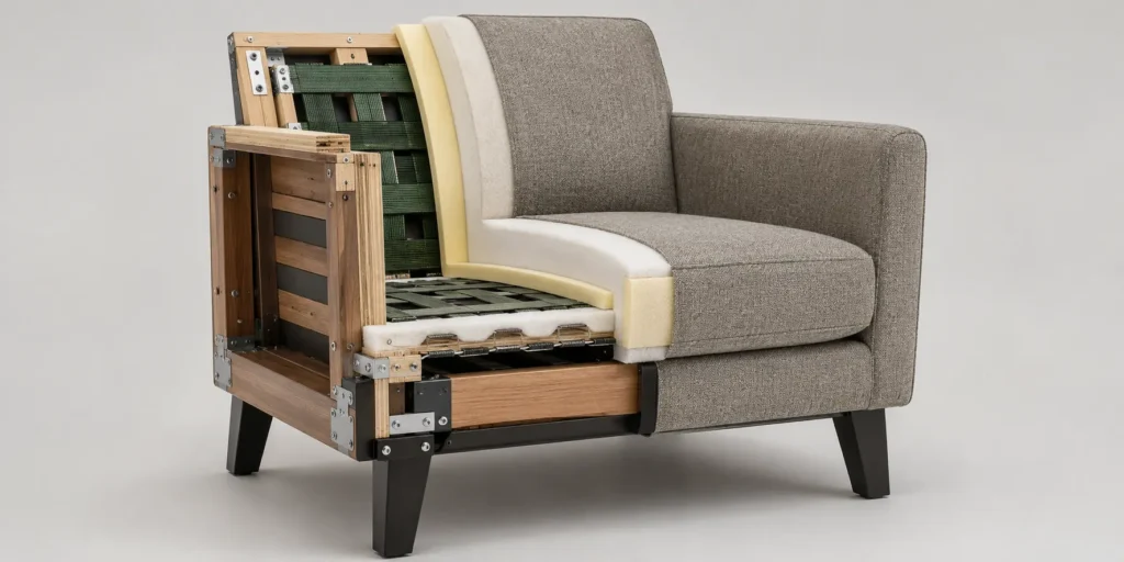 Cutaway contract-grade chair showing reinforced frame and heavy-duty joints