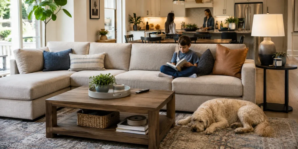 Busy family room with durable performance-fabric sofa and easy-clean furniture
