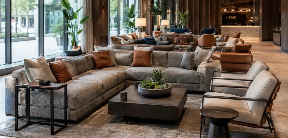 Modern commercial lounge with durable contract-grade furniture
