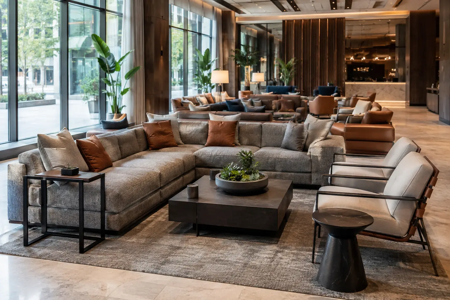 Modern commercial lounge with durable contract-grade furniture