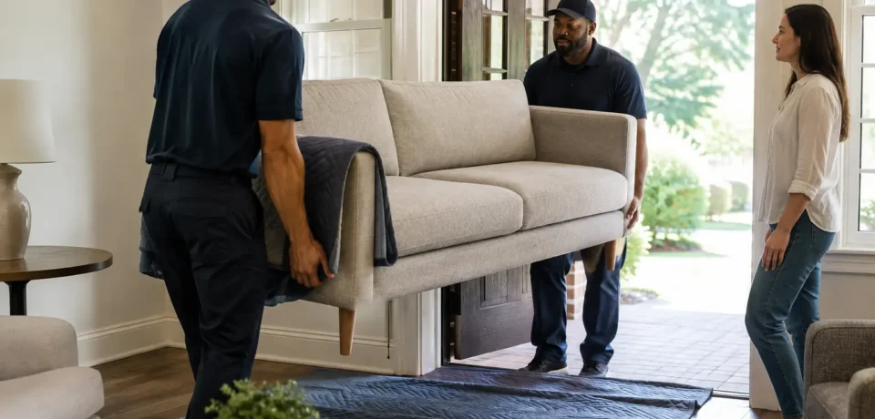 Furniture delivery workers carrying a sofa into a customer’s home.