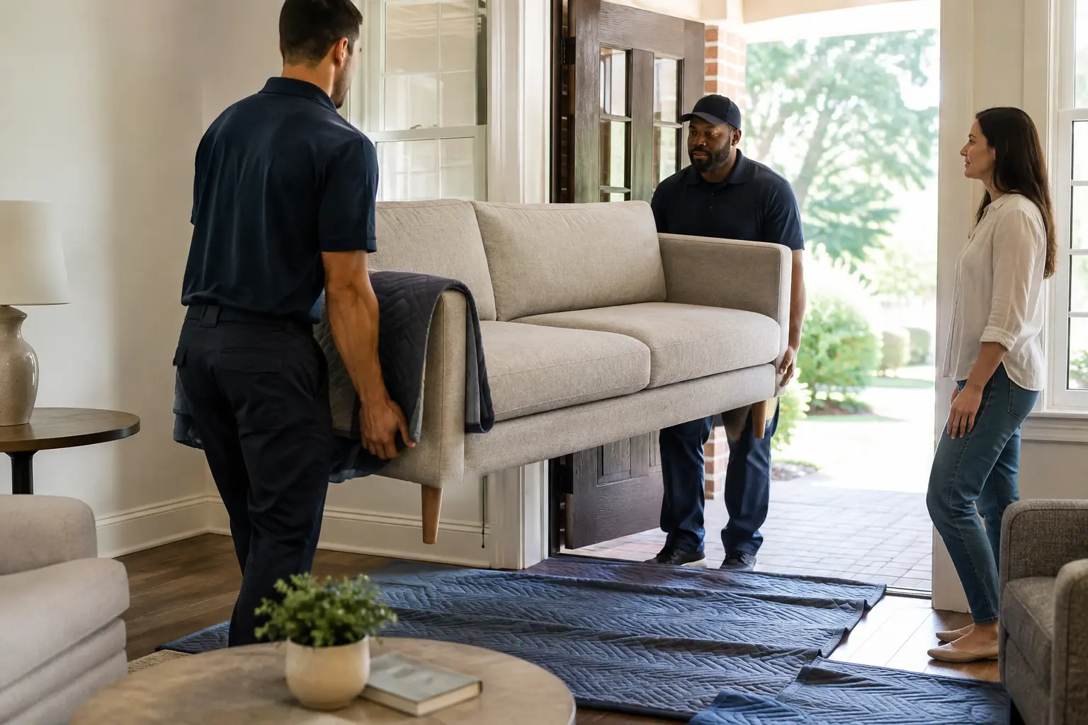 Furniture delivery workers carrying a sofa into a customer’s home.