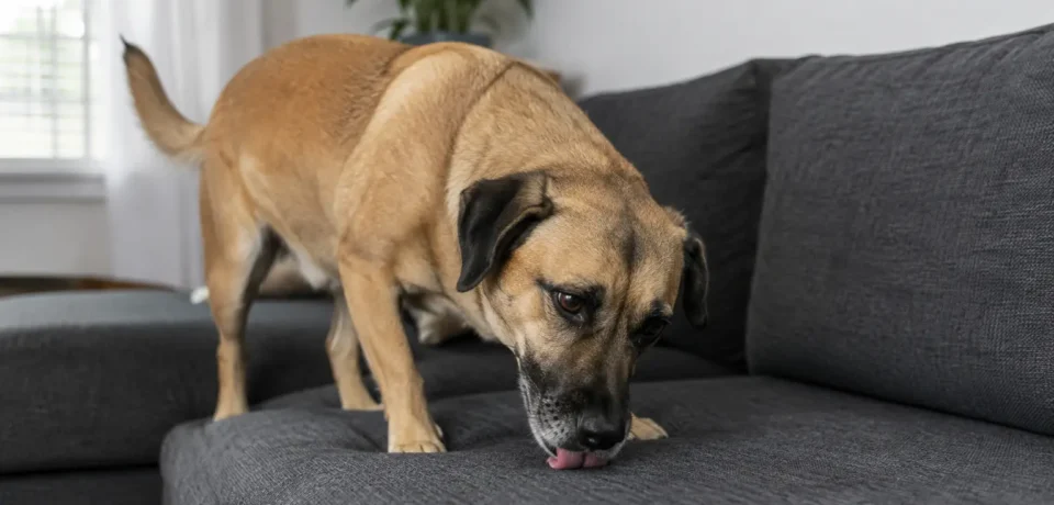 Dog licking the fabric of a living room couch