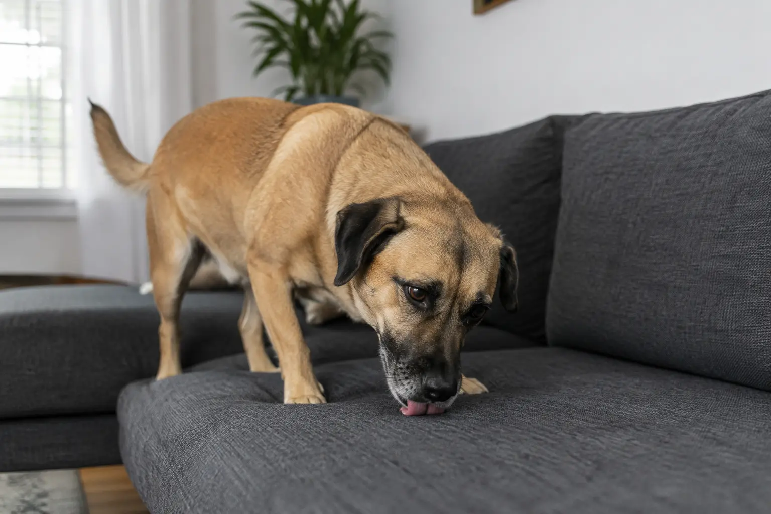 Dog licking the fabric of a living room couch
