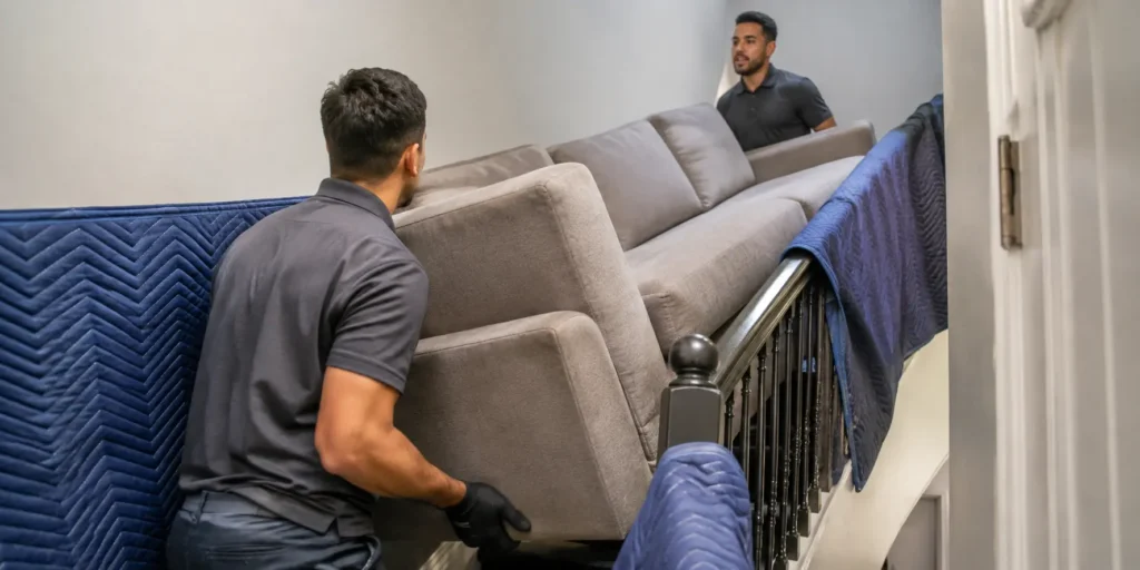Furniture delivery workers carrying a heavy sectional sofa up narrow stairs.