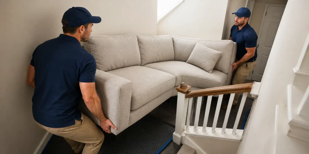 Furniture delivery workers carrying a sectional through a tight staircase