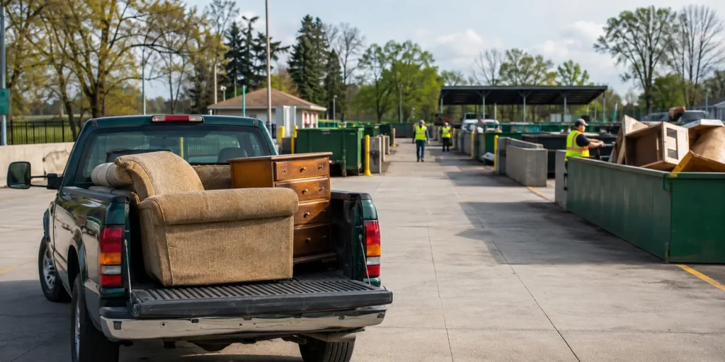 Sofa and dresser being unloaded at a furniture drop-off facility